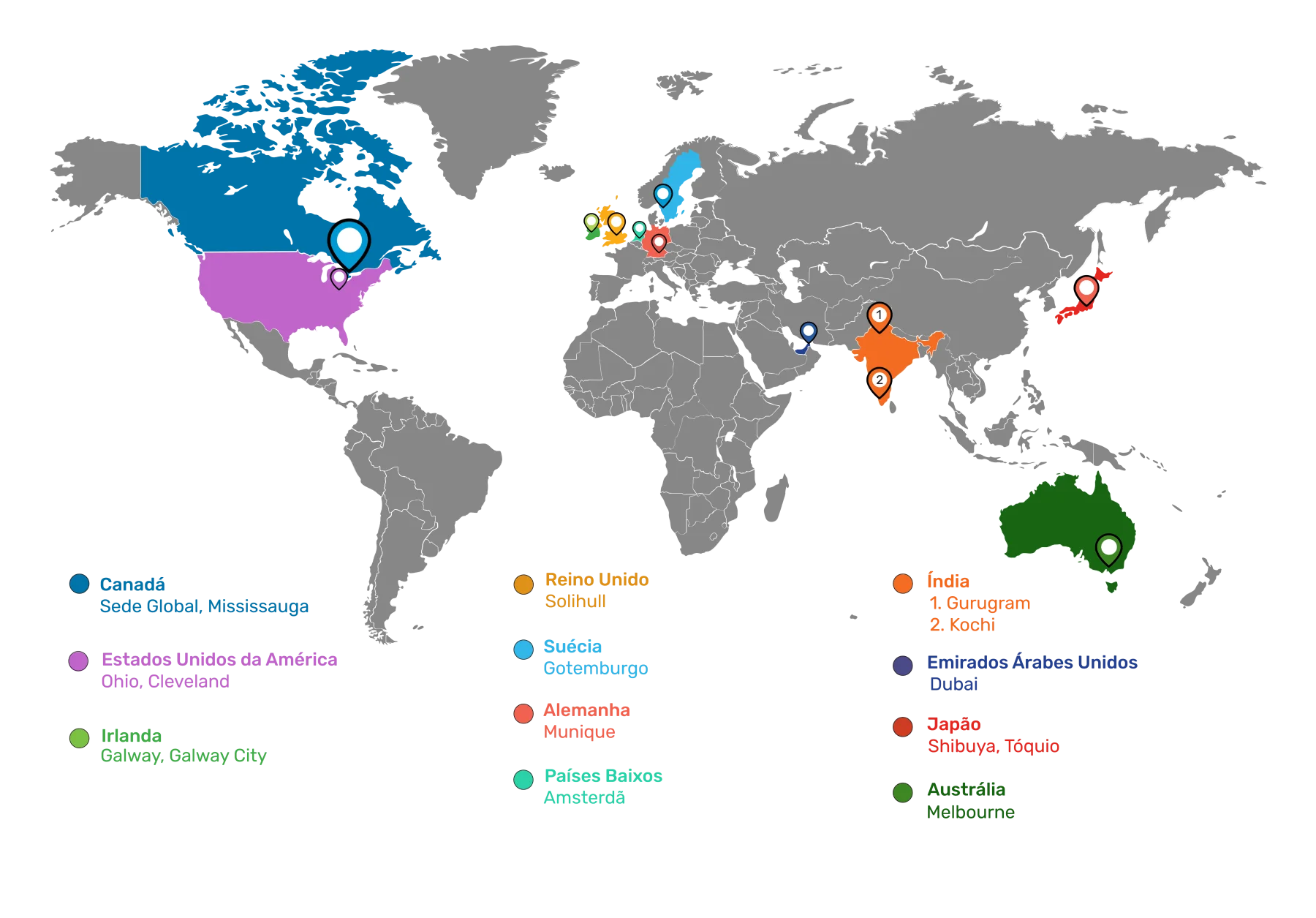 Mapa das localizações dos escritórios da SOTI em todo o mundo