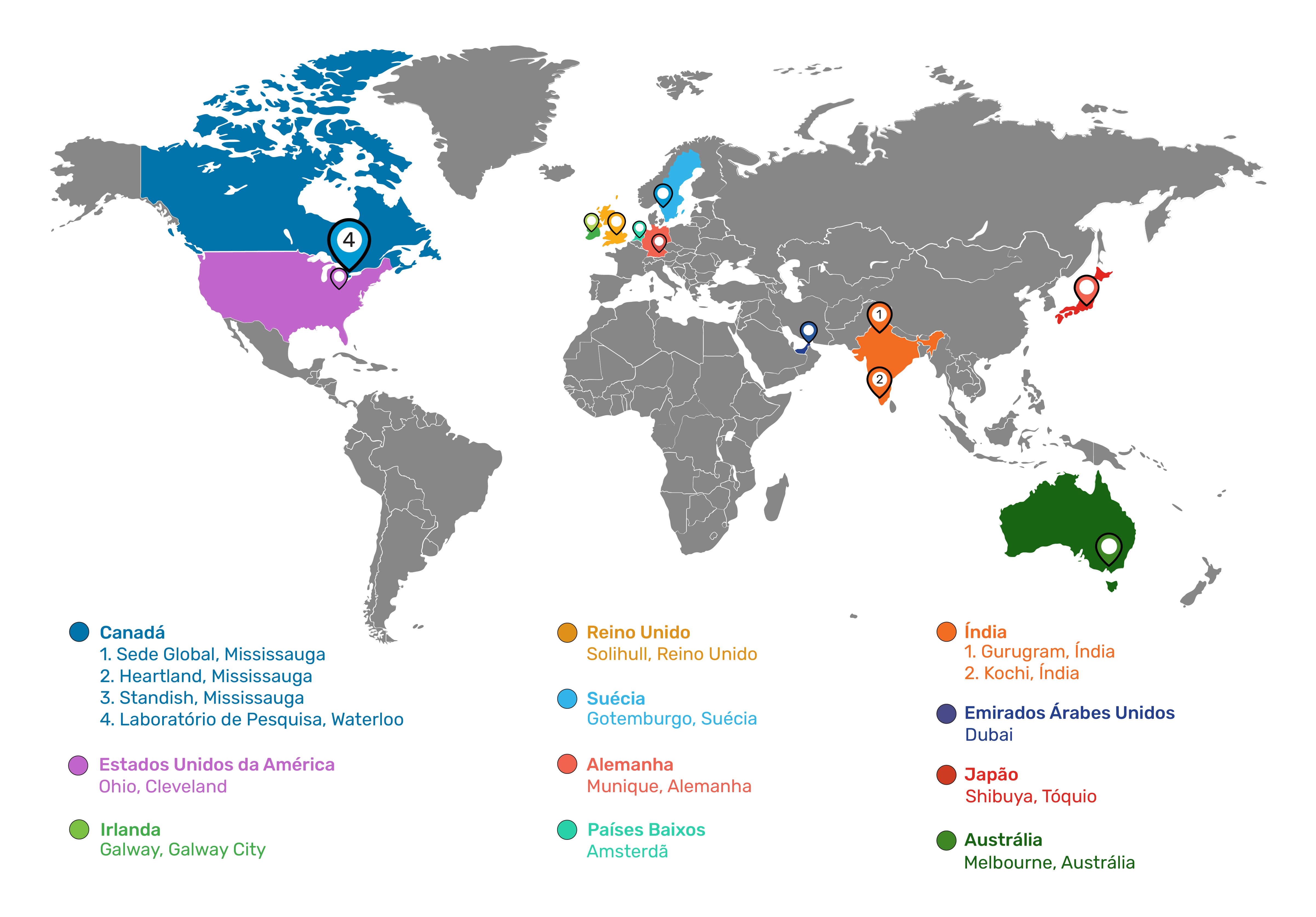 Mapa das localizações dos escritórios da SOTI em todo o mundo