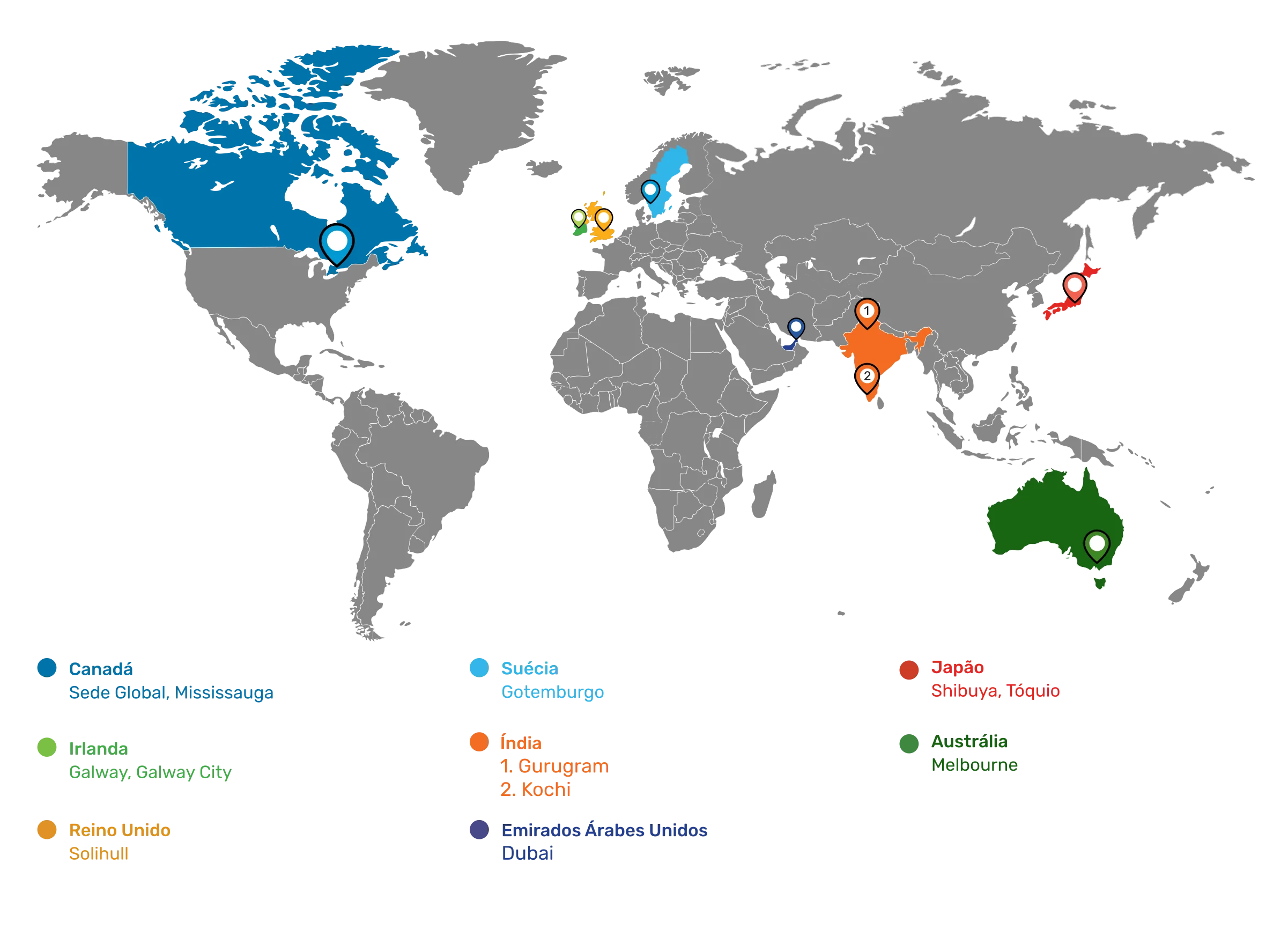 Mapa das localizações dos escritórios da SOTI em todo o mundo